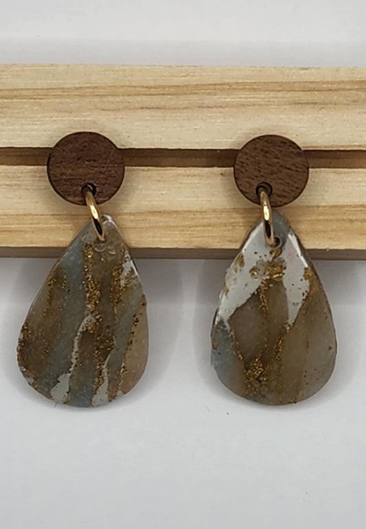 Wood and Marble Teardrop Earrings
