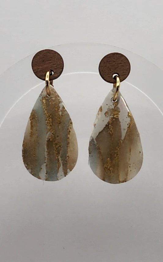 Wood and Marble Teardop Earrings